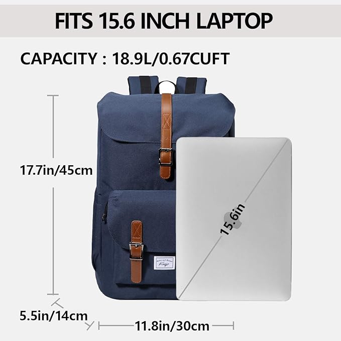 Kasqo Backpack for Men and Women, 15.6 Inch Laptop Backpack Large Capacity Water Resistant Drawstring Flap Bag College, Blue