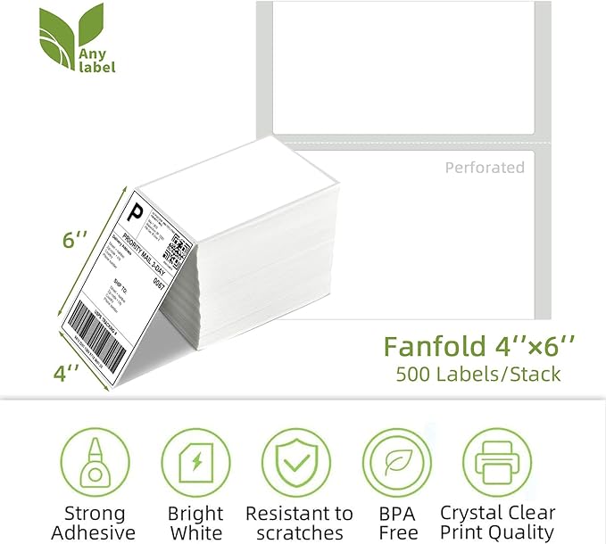 8 Stacks 4" x 6" Fanfold Direct Thermal Labels, Mailing Postage Shipping Label with Perforated, Compatible with Zebra, Rollo, MUNBYN, NELKO Label Printer(500 Labels/Stack, Total 2000 Labels)