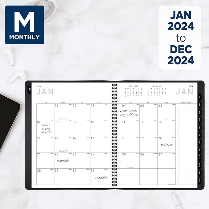 AT-A-GLANCE 2024 Monthly Planner, 7" x 8-3/4", Medium, Monthly Tabs, Faux Leather, Contemporary, Black (70120X0524)