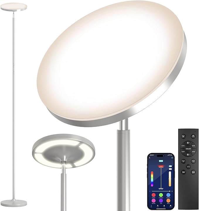 Keepsmile Silver Double Side Lighting LED Floor Lamp with Remote Smart App 36W 2600LM Bright Tall Standing RGB Floor Lamp Angle Multicolor Dimmable Modern Floor Lamps for Living Room Bedroom