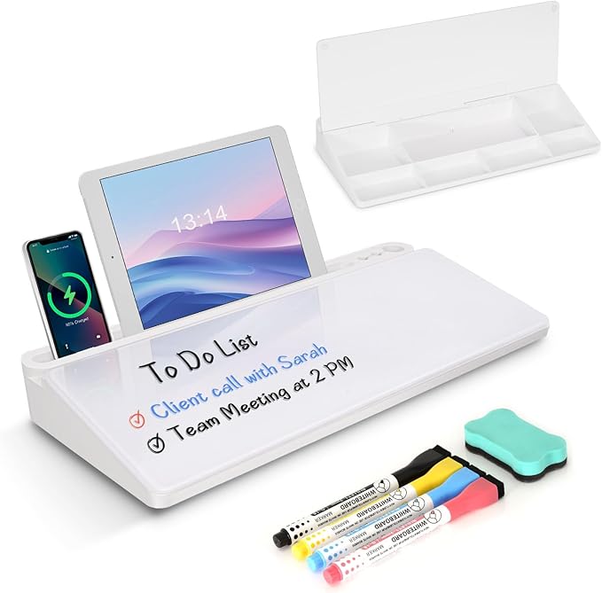 Desktop Glass Whiteboard with Storage, Desk White Board with Computer Keyboard Stand, White Dry Erase Board with Drawers for Home, School, Office Desk Organizers and Accessories