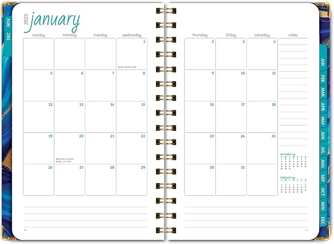 HARDCOVER 2025 Planner, 5.5"x8": 14 Months (November 2024 - December 2025), Daily Weekly Monthly Planner, Yearly Agenda, Bookmark, Pocket Folder and Sticky Note Set (Dark Blue Marble)