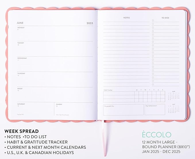Eccolo 2025 Large Agenda Planner, 12 Month, Yearly, Monthly & Weekly Pages, Habit & Gratitude Tracker (Hardcover - 8 x 10")