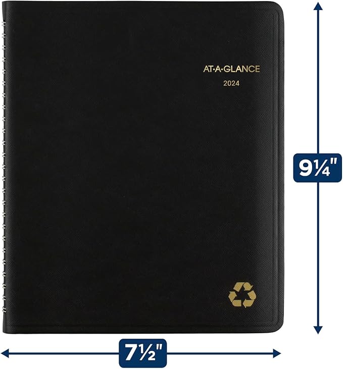 AT-A-GLANCE 2024 Weekly & Monthly Planner, Quarter-Hourly Appointment Book, 7" x 8-3/4", Medium, Recycled, Monthly Tabs, Black (70951G0524)
