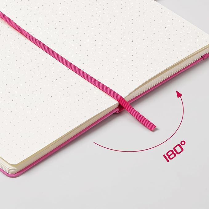 Dotted Journal/Notebook - Dot Grid Hard Cover Notebook, Premium Thick Paper with Fine Inner Pocket, Black Smooth Faux Leather, Pen Loop, 5.3'' x 8.26'' - Raspberry