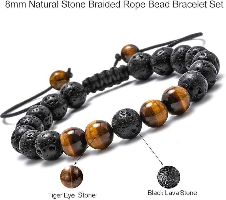 M MOOHAM Natural Stone Bracelets for Men - 8mm Tiger Eye | Matte Agate | Lava Rock Bracelets for Men Teen Boys Gifts Birthday Anniversary Christmas Gifts for Men Teens