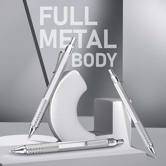 Four Candies 0.7mm Mechanical Pencil Set with Case, 3PCS Metal Artist Lead Pencil with 8 Tubes (480PCS) HB Lead Refills, 3 Erasers, 9 Eraser Refills For Engineer Art Writing Drawing Drafting, Silver