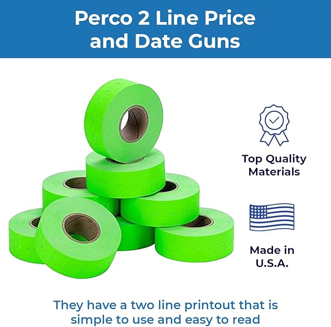 Perco 2 Line Fluorescent Green Labels - 80 Rolls, 10 Sleeves, 80,000 Blank Price and Date Gun Labels for Perco 2 Line Price and Date Guns - Made in USA