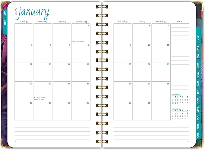 HARDCOVER 2025 Planner, 5.5"x8": 14 Months (November 2024 - December 2025), Daily Weekly Monthly Planner, Yearly Agenda, Bookmark, Pocket Folder and Sticky Note Set (Pastel Peacock)