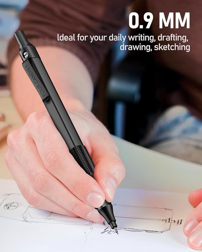 Four Candies 0.9mm Mechanical Pencil Set with Case, 3PCS Metal Artist Lead Pencil with 8 Tubes (480PCS) HB Lead Refills, 3 Erasers, 9 Eraser Refills For Engineer Art Writing Drafting, Black