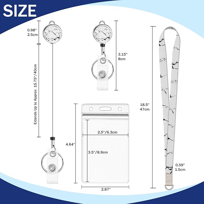 Giancomics Lanyards for Id Badges, Black Marble Lanyards with Retractable Reel, Waterproof ID Badge Holder for Cruise Ships Cards Key, Cute Work Name Tag Zip Card Protector 2 Pack