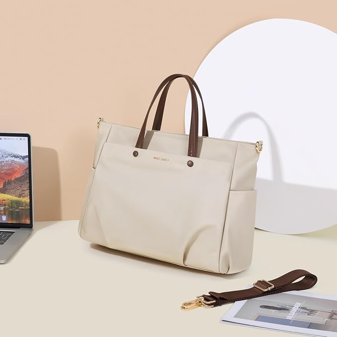 Laptop Tote Bag 15 Inch, Computer Shoulder Bag Large Work Tote Bag for Women, Laptop Carrying Case Stylish Handbag for Business Travel (Apricot)