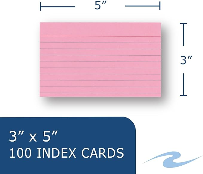 Roaring Spring Colored Index Cards 3"x5", 100 Count, Smooth 100# Index Paper, Ruled on Front, Blank on Back, 3 Colors (Pack of 1)