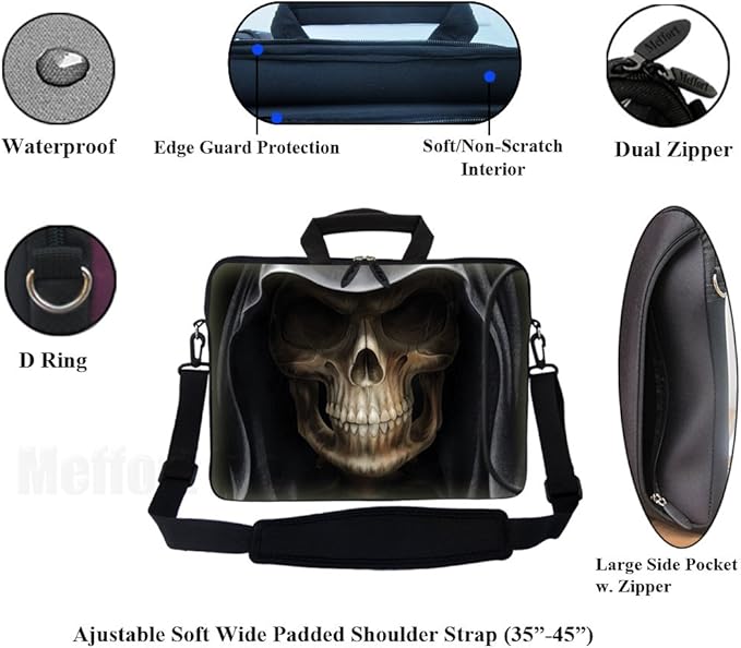 Meffort Inc 17 Inch Neoprene Laptop Bag with Extra Side Pocket, Soft Carrying Handle & Removable Shoulder Strap Fit 16" to 17.3" Size - Skull Face