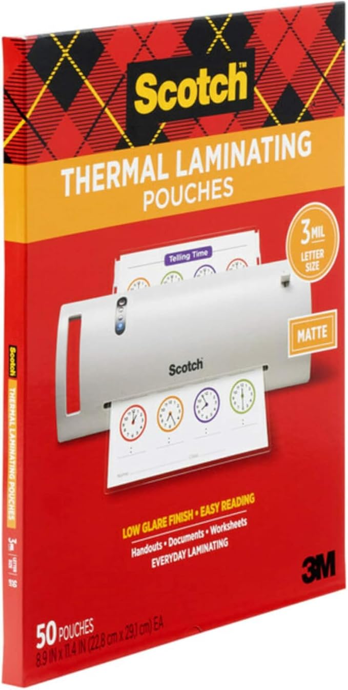 Scotch Matte Thermal Laminating Pouches, Ultra Clear with Matte Finish, Letter Size 8.9 in x 11.4 in, 50-Pack