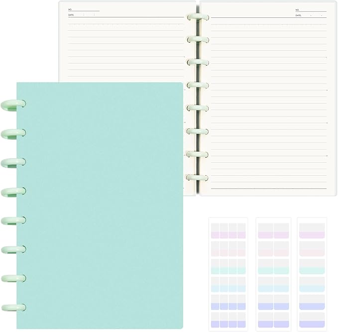 Discbound Notebook, 8-Disc Disbound Planner with Removable Pages, 180 Pages Spiral Notebook, Poly Cover Discbound Planner for Work, Travel, Note Taking(With Index Sticker),Green,A5