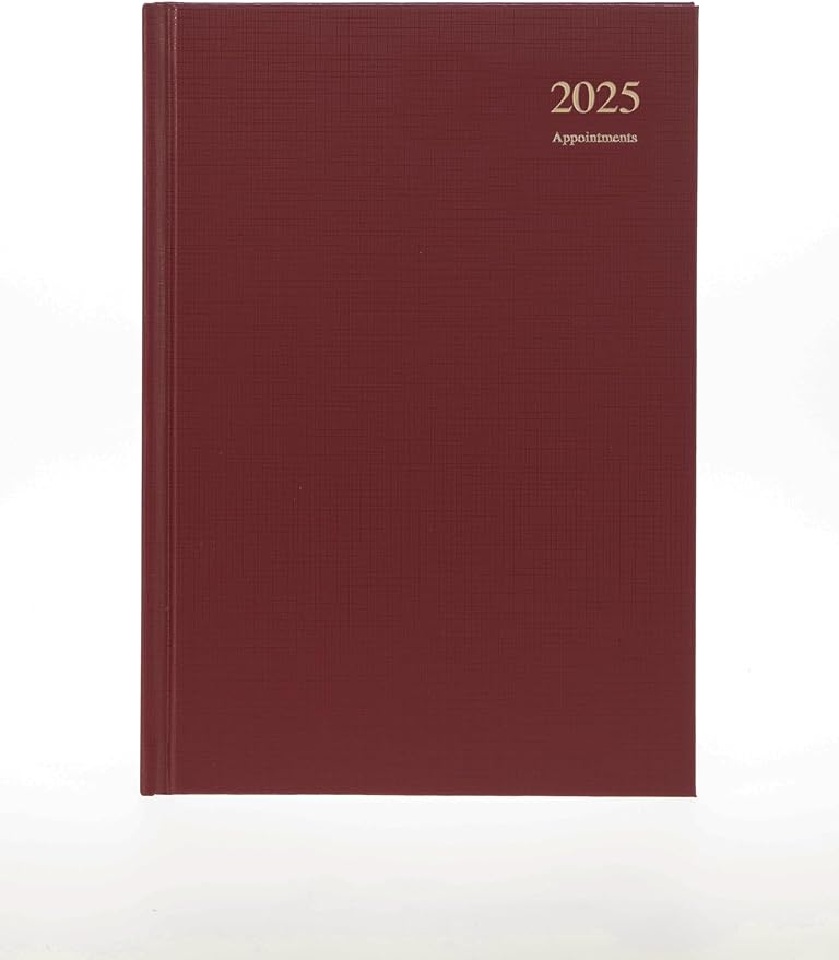 Collins Essential 2025 Business Diary - A4 Day to a Page with Appointments Planner with Leathergrain Hardback Cover - Maroon - ESSA41A.78-25