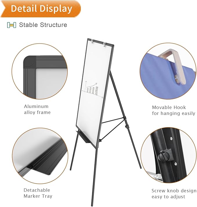 VIZ-PRO Magnetic Whiteboard Easel Black, 36 x 24 Inches, Portable Dry Erase Board Height Adjustable for School Office and Home