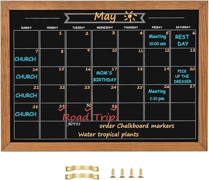 Calendar Chalkboard, 10.6" * 14.6", Magnetic Surface Rustic Brown Solid Pine Wood Frame Chalk Board for Planning/School Timetable/Memo, Hanging Board for Office, School and Home(YLHB-QZ-2737)