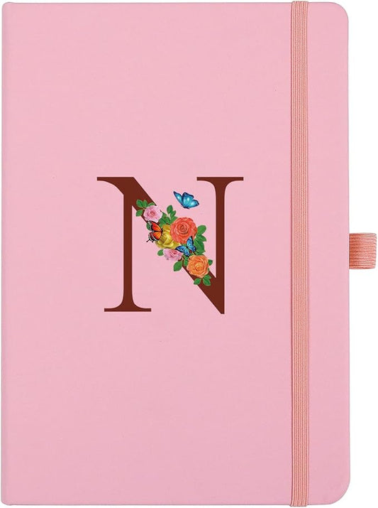 Pink Notebook for Women, 5.7"X8.3" A5 Journal Notebook with Letter N, Dual-Sided Writing Notebook with Dividers, Cute Leather Journal for Work, Business, School, Meetings, Travelers, Small Notebook