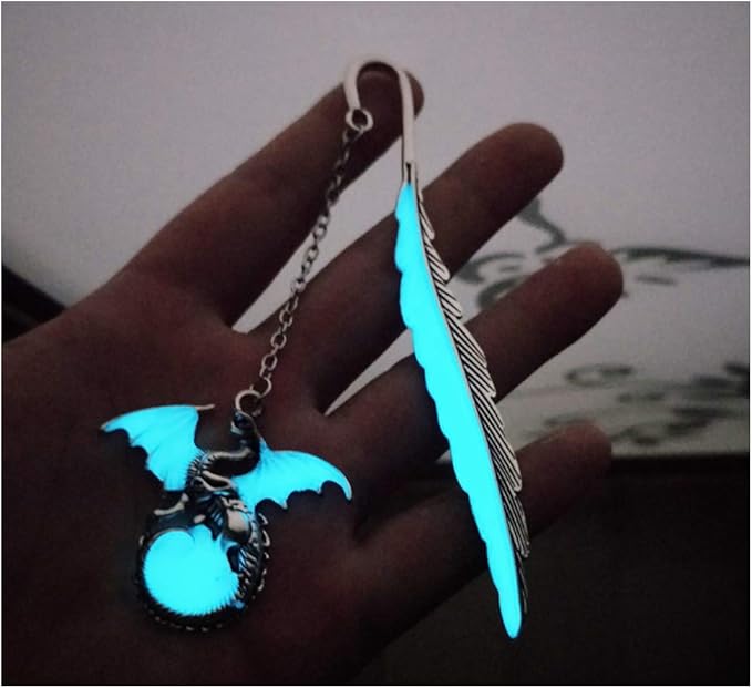 2 Pack Vintage Feather Bookmark, Unique Glow in The Dark Bookmark Gift, Birthday Gifts Teacher Christmas Gifts for Women Christmas Stocking Stuffers(Dragon & Cross)