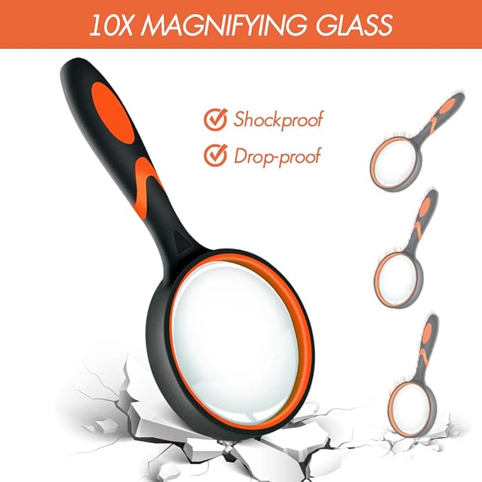 Leffis 2 Pack 10X Magnifying Glass for Seniors & Kids, Non-Slip Handheld Magnifier for Reading, 75mm Magnify Glasses Lens for Close Work, Science and Hobby Observation Green and Orange