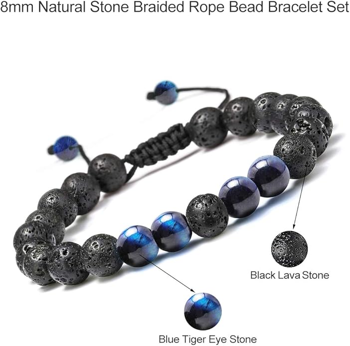 M MOOHAM Natural Stone Bracelets for Men - 8mm Tiger Eye | Matte Agate | Lava Rock Bracelets for Men Teen Boys Gifts Birthday Anniversary Christmas Gifts for Men Teens