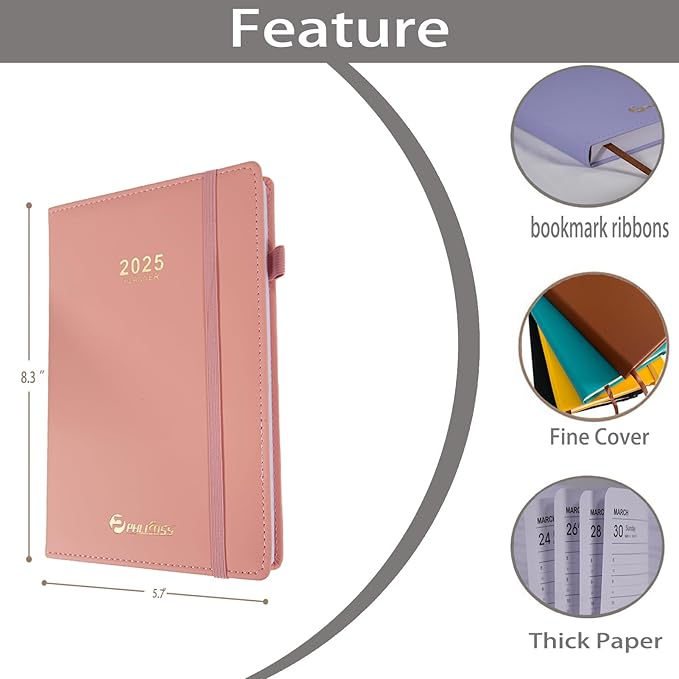 2025 Appointment Book/Planner, One Page Per Day, Jan - Dec 2025, Annual Daily Monthly Agenda Planner with Hourly Schedule and Monthly Tabs, 5.7" x 8.3" Calendar Planner (5-Pink)