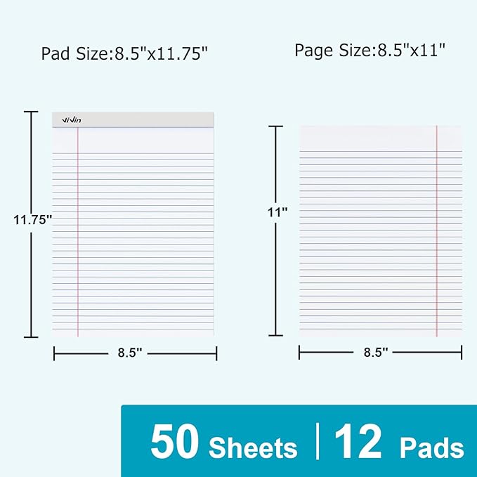 ViVin Legal Pads 8.5 x 11 Inch, Wide Ruled Note Pads, 6 Pack, 50 Sheet/Pad, Perforated Writing Pads, Notepads for Office Home School, 300 Sheets (6 Pack of 50), White Paper
