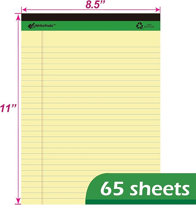 KAISA Legal Pad Writing Pads, 8.5"x11.75" Wide Ruled Legal Pad, Recycled Paper Pad, 65sheet/pad 3Pad, KSU-07471