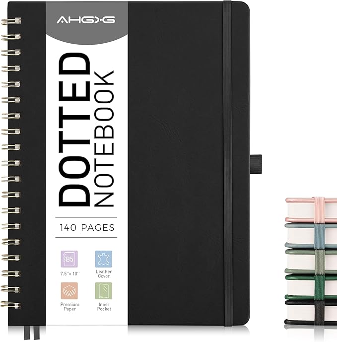 AHGXG Bullet Dotted Journal Spiral Notebook, Large B5 Dotted Notebook 140 Pages, Leather Hardcover, 100 GSM Thick Dot Grid Paper, Inner Pocket, for Bullet Journaling, 7.6" x 10", Black