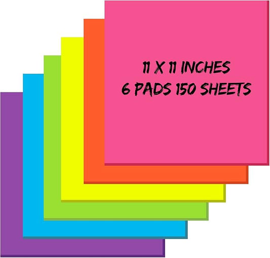 Zubebe 6 Pads 11 x 11 Inch Large Sticky Notes Jumbo Bright Colors Sticky Notepads Self Stick Note Square Memo Post Stickies for Office School, 25 Sheets/pad (Rainbow Color)