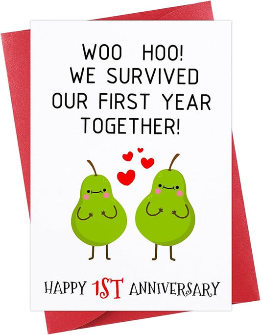 FaCraft Funny Anniversary Card for Him Her 1 Year Anniversary Card for Boyfriend Girlfriend One Year Anniversary Wedding Dating Card We Survived Our First Year Together Card for Husband Wife