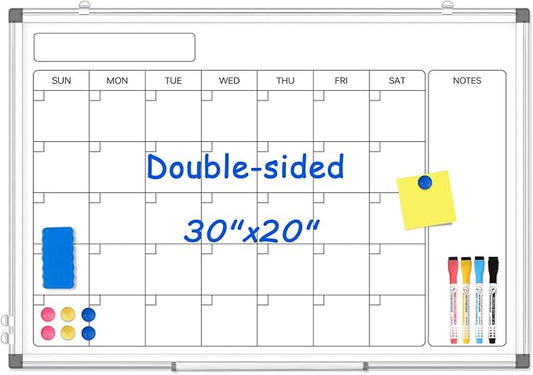 Monthly Calendar Dry Erase Whiteboard for Wall, 30" x 20" Double-Sided Large Calendar White Board, Magnetic Portable Hanging Board for Office, Home, School