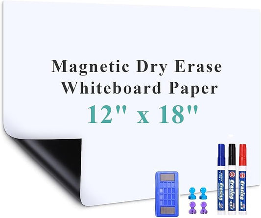 Magnetic Dry Erase Whiteboard Paper, 12" x 18" Self Adhesive Whiteboard for Wall, Easy to Write and Clean Dry Erase Board for Kids, Office, Home, with Marker, Magnetic Eraser and Magnets