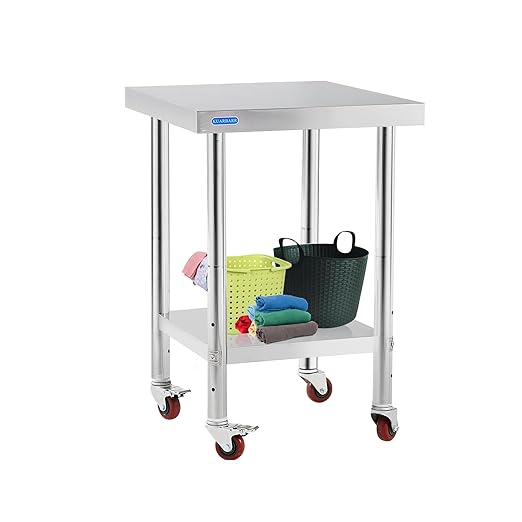 Stainless Steel Table for Prep & Work with 4 Caster Wheels with Undershelf 18 x 24 NSF Metal Commercial Kitchen Prep Table with Adjustable Under Shelf Worktable for Restaurant Home Outdoor