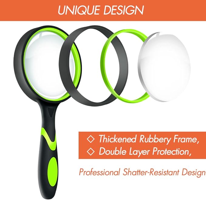 Leffis 2 Pack 10X Magnifying Glass for Seniors & Kids, Non-Slip Handheld Magnifier for Reading, 75mm Magnify Glasses Lens for Close Work, Science and Hobby Observation Green and Orange