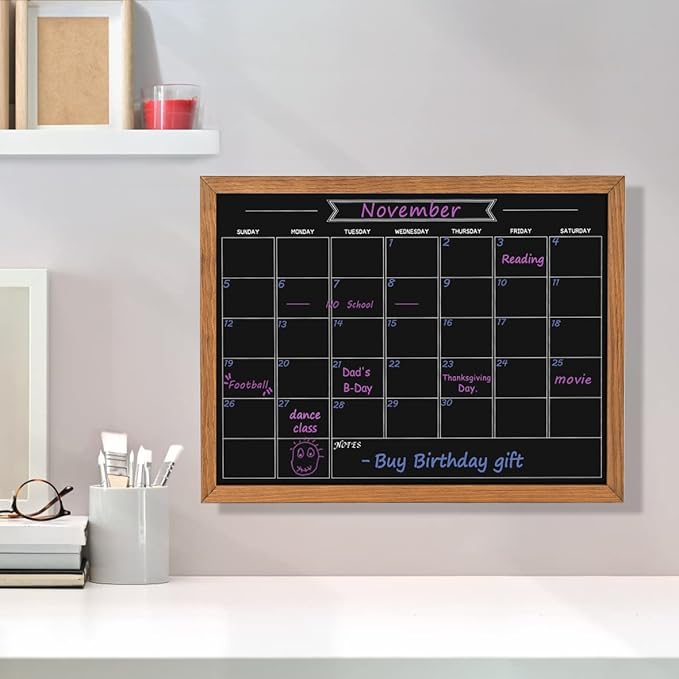 Calendar Chalkboard, 13" * 17", Magnetic Surface Rustic Brown Solid Pine Wood Frame Chalk Board for Planning/School Timetable/Memo, Hanging Board for Office, School and Home(YLHB-QZ-3343)