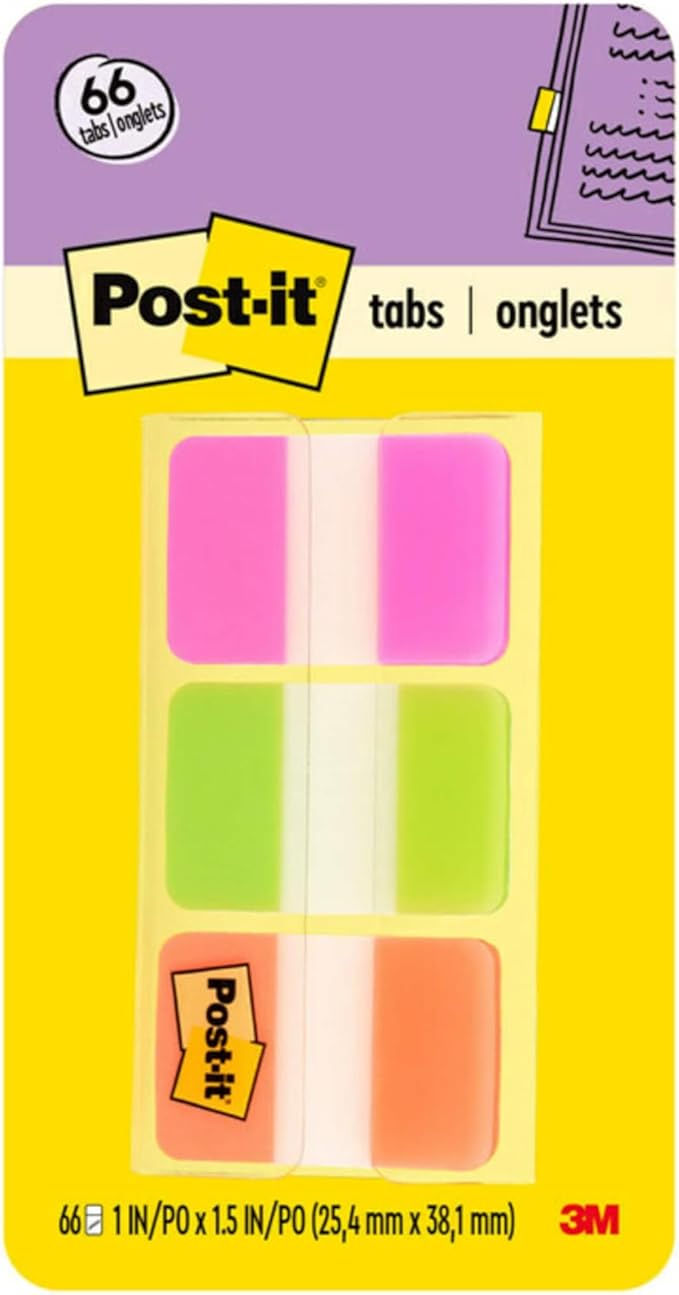Post-it Tabs, 22/Color, 66/Dispenser, 1 in Wide, Pink, Green, Orange (686-PGO)