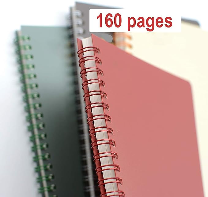 Yansanido Aesthetic Spiral Notebook, 4 Pcs A5 Thick Plastic Hardcover 8mm Ruled 4 Color 80 Sheets -160 Pages Journals for Study and Notes (Ruled-4pcs Wine Red,Black,Dark Green,Beige, A5)