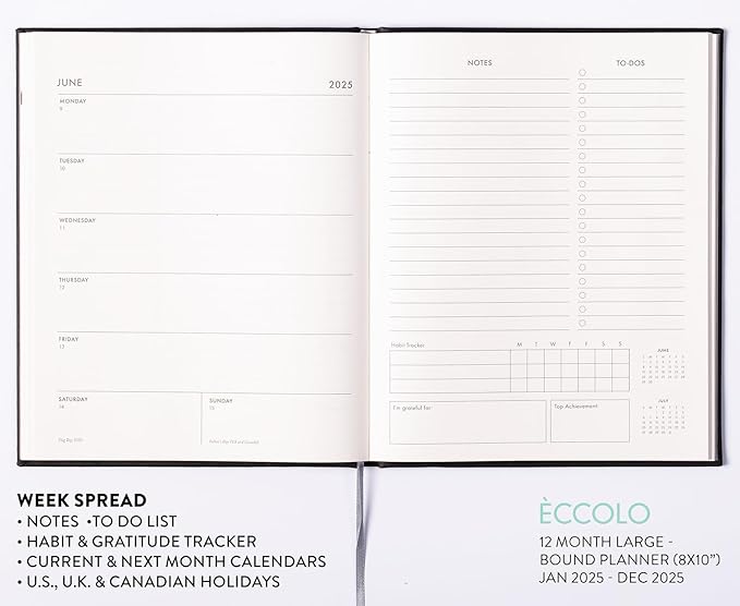 Eccolo 2025 Large Agenda Planner, 12 Month, Yearly, Monthly & Weekly Pages, Habit & Gratitude Tracker (Hardcover - 8 x 10")