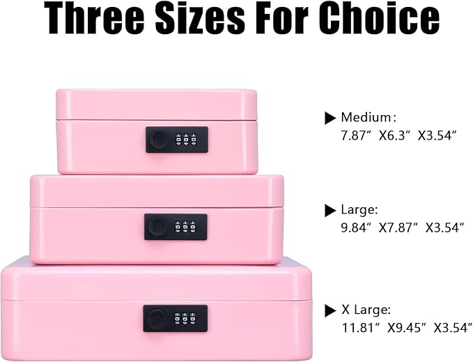 KYODOLED Metal Cash Box with Combination Lock Money Box for Cash Safe Metal Box with Money Tray for Security Lock Box 11.81"x 9.45"x 3.54" Pink X Large