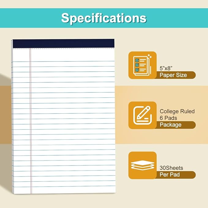 Legal Pads 5" x 8" College Ruled Small Legal Note Pads, 80gsm/21lb White Lined Paper, 30 Sheets per Notepad, 6 Pads per Pack, Perforated To Do List Writing Pads for Versatile Use