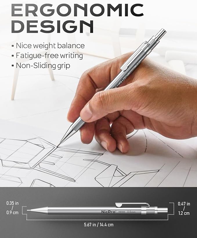 Nicpro 37PCS Metal Mechanical Pencil Set, 8PCS Drafting Pencil 0.5, 0.7, 0.9 mm & 2mm Lead Pencil Holder For Sketching Drawing With 20 Tube (6B 4B 2B HB 2H 4H Colors) Lead Refill Eraser -With Case