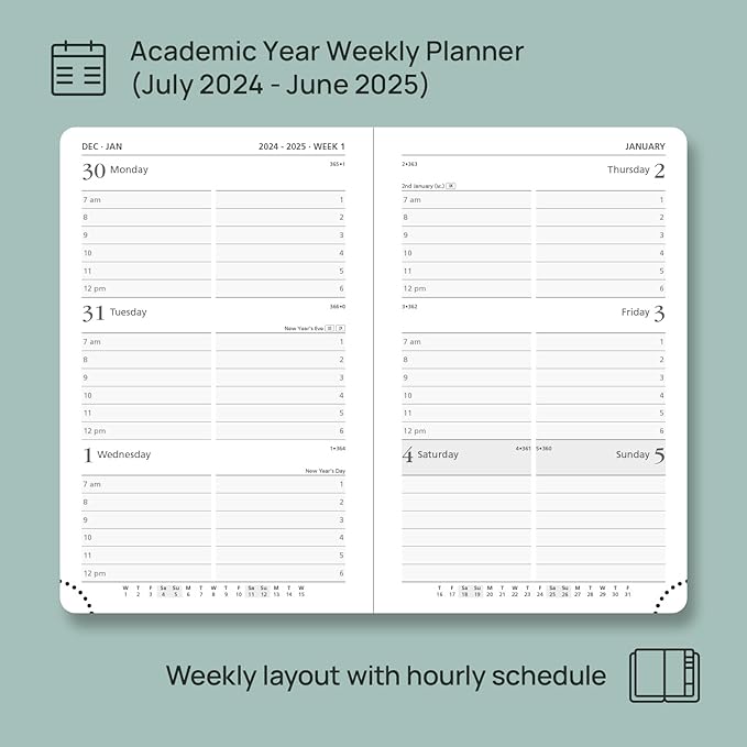 POPRUN Pocket Planner 2024-2025, [Pocket 4''x 6.25'' Hard Cover] Academic Year Calendar Daily Weekly and Monthly (July 24-June 25) with Hourly Time Slots, 100 GSM Paper - Haze Blue