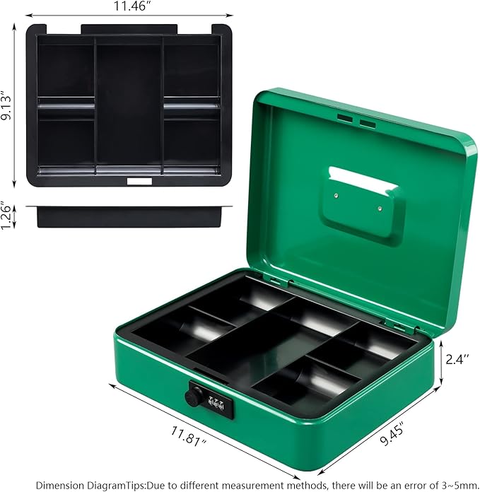 KYODOLED Metal Cash Box with Combination Lock Money Box for Cash Safe Metal Box with Money Tray for Security Lock Box 11.81"x 9.45"x 3.54" Green X Large