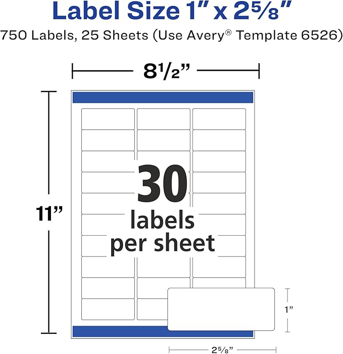 Avery Address Labels with Sure Feed and Easy Peel Technology, Glossy White Labels, 1" x 2-5/8", Permanent, Laser/Inkjet, 750 Glossy Labels (6526)