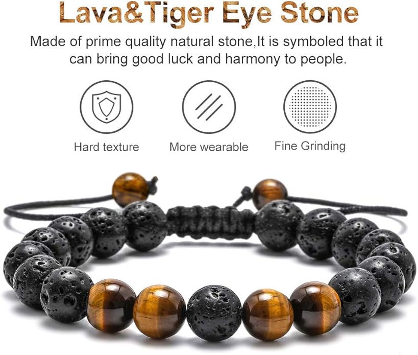 M MOOHAM Natural Stone Bracelets for Men - 8mm Tiger Eye | Matte Agate | Lava Rock Bracelets for Men Teen Boys Gifts Birthday Anniversary Christmas Gifts for Men Teens