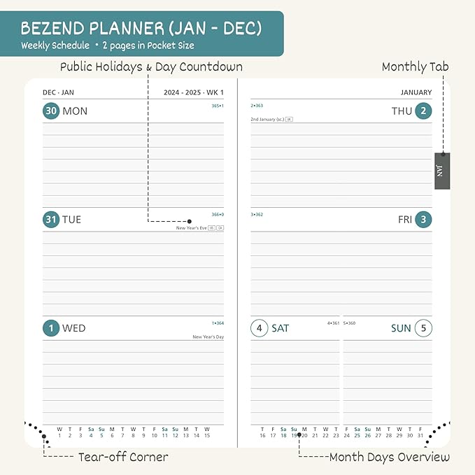 BEZEND Pocket Calendar 2025 for Purse 3.5" x 6", 2025 Pocket Planner Daily Weekly & Monthly with Pen Holder, Small Agenda 2025 with Vegan Leather Hard Cover - Red