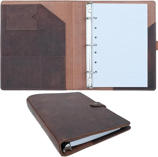 Fan&Ran Lined Leather Journal, 100 Sheets of College Ruled Paper 5.5"x8.5", 1" Rings Mini Binder, Interior Pockets, Refillable